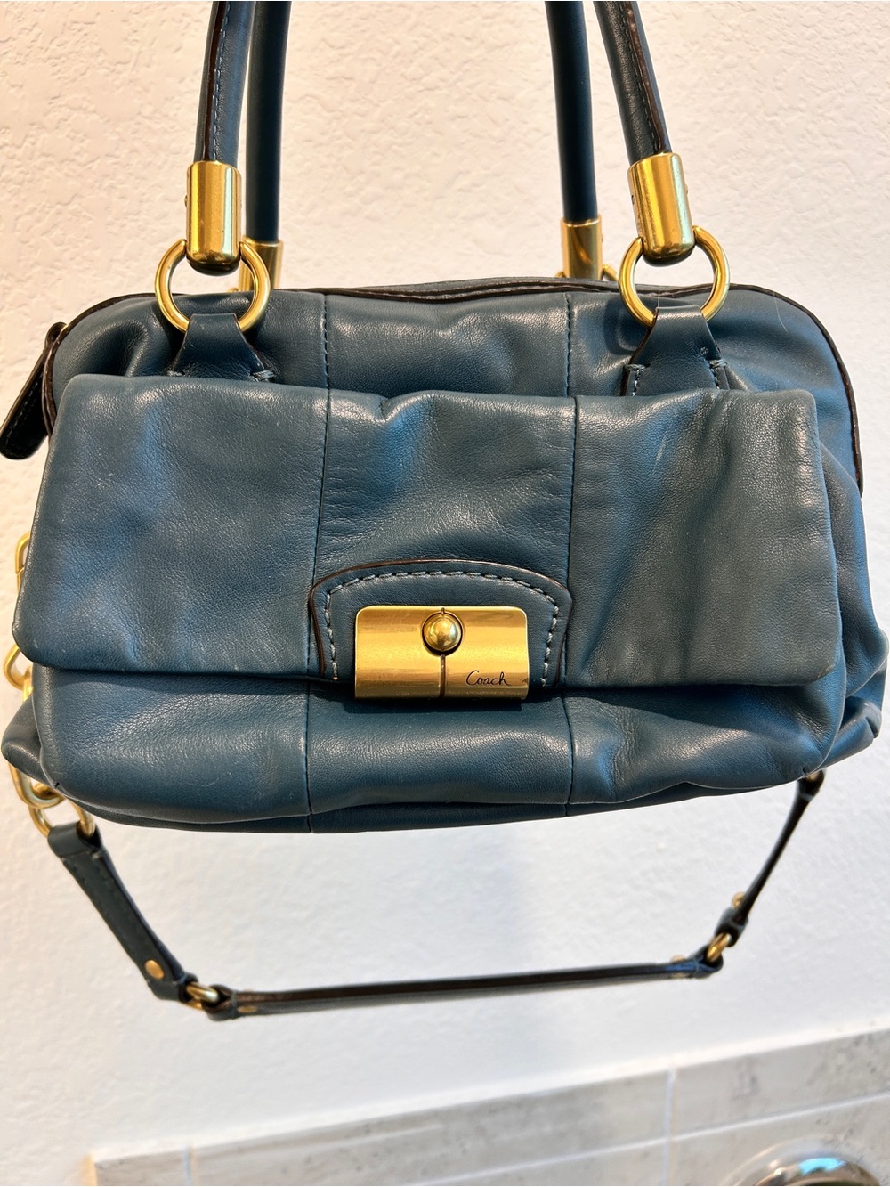 Coach Kristen satchel Teal Leather Shoulder Bag with Gold Hardware